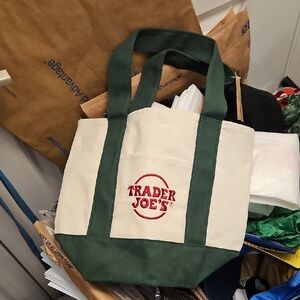 Trader Joe's MINI Canvas Tote Bag in Cream and Dark Green